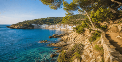 Cala rocosa de la Costa Brava con pinos y agua mediterránea