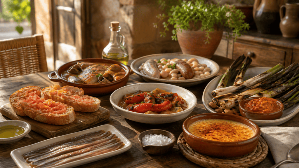 Mesa con platos tradicionales de la gastronomía catalana