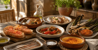 Mesa con platos tradicionales de la gastronomía catalana