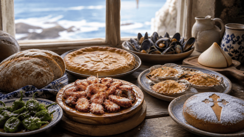 Mesa con platos tradicionales de la gastronomía gallega