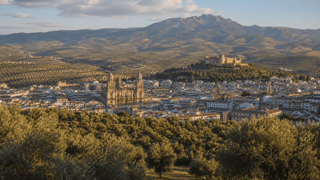 Vista panorámica de Jaén con la catedral, el castillo y campos de olivos