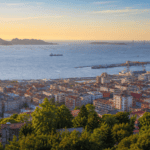 Vista panorámica de Vigo, su puerto, la ría y las islas Cíes